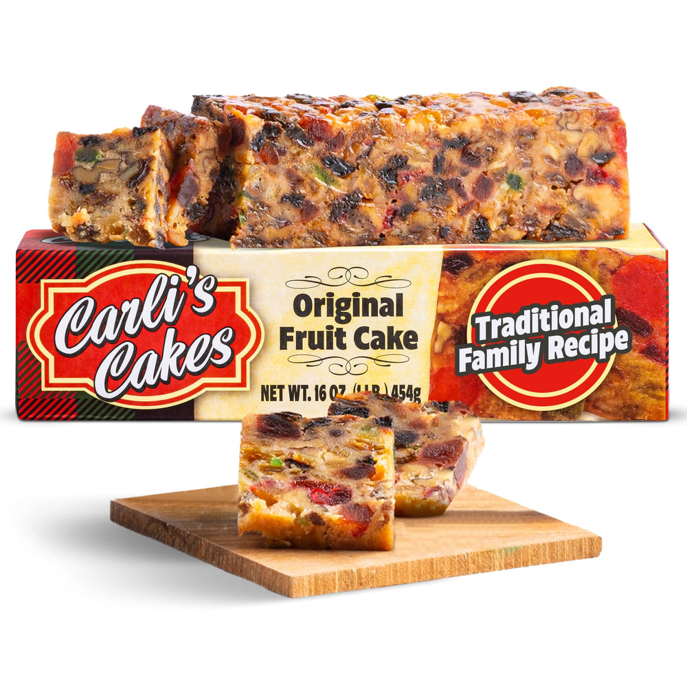 Carli's Cakes front packaging showing 1 lb fruit cake and brand appeal