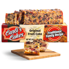 Carli's Cakes front packaging showing 1 lb fruit cake and brand appeal