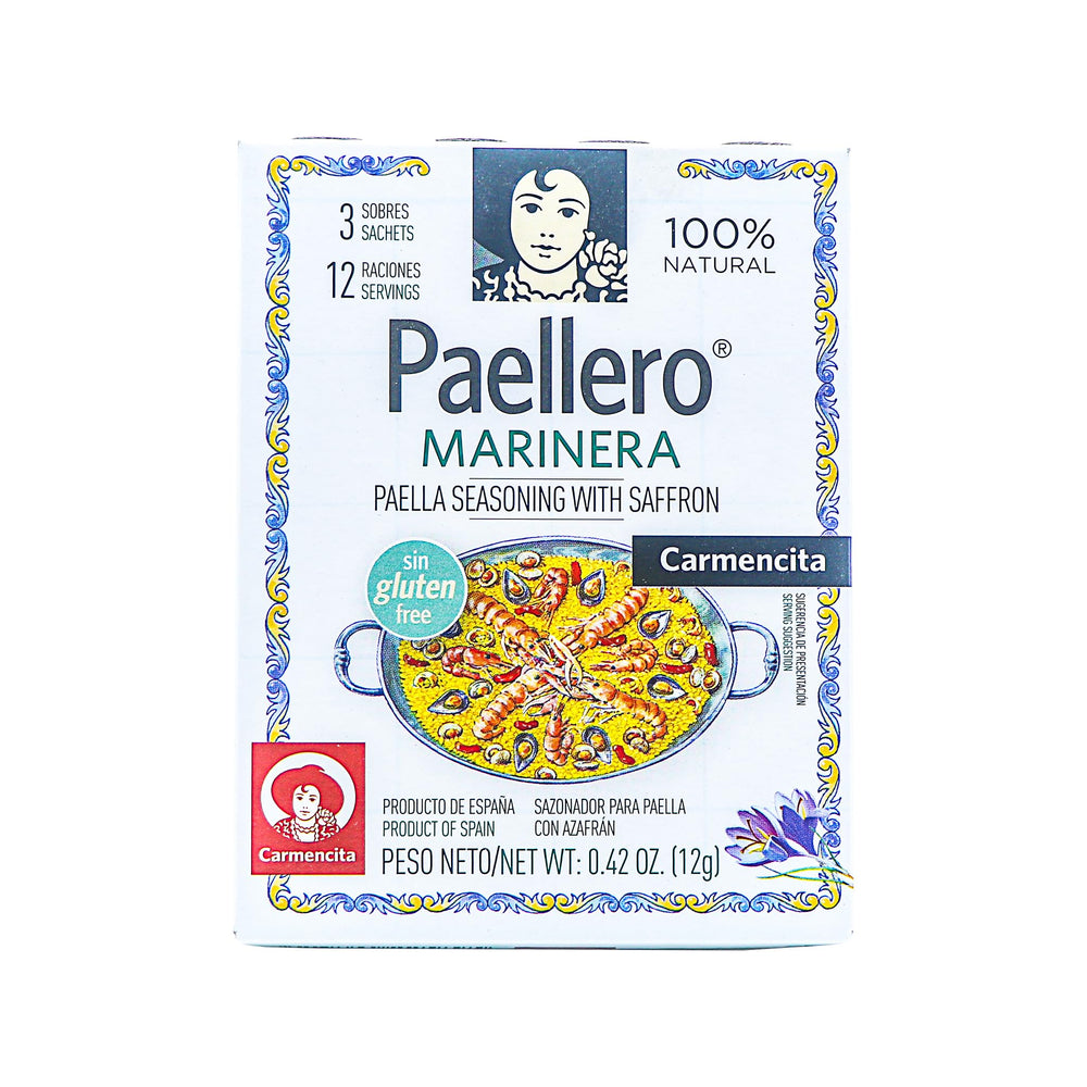 Carmencita front packet showing marinera paella spice sachet with clear branding and saffron benefit