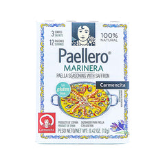 Carmencita front packet showing marinera paella spice sachet with clear branding and saffron benefit