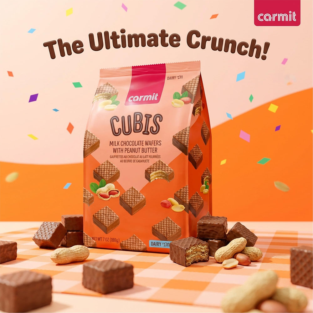 Carmit close up of chocolate coated cube highlighting crisp texture