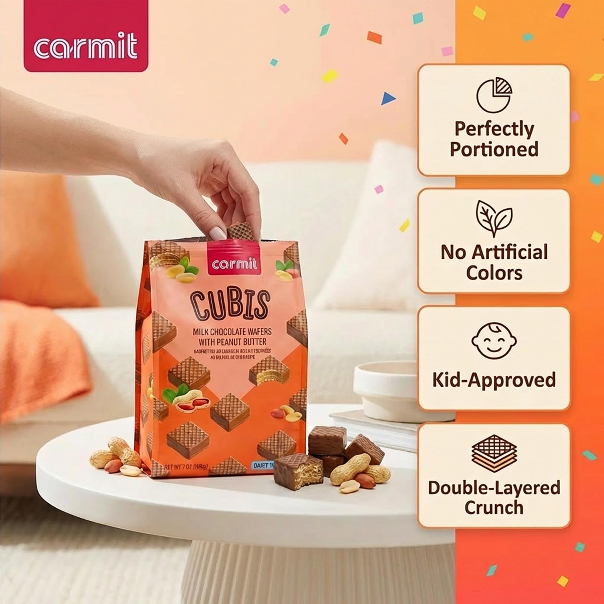 Carmit cube in hand to show size and convenient bite benefit