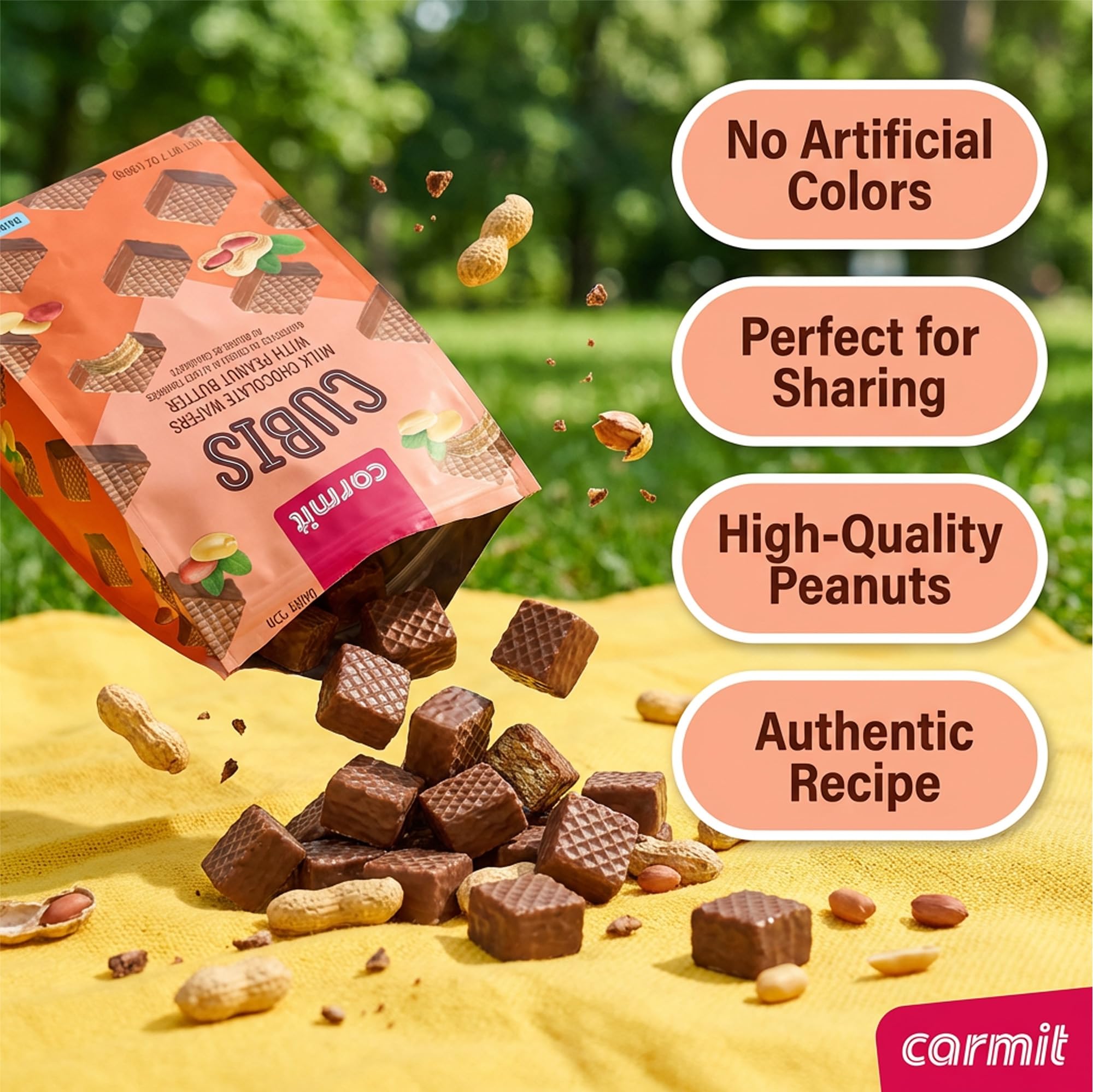 Carmit cubes used as ice cream topping adding crunchy contrast