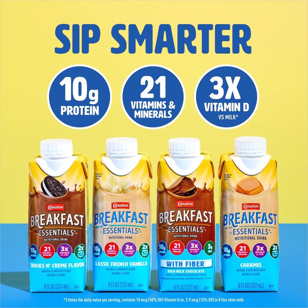 Carnation Breakfast Essentials caramel bottle close-up label highlighting nutrition facts and benefits