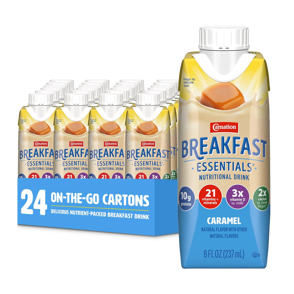Carnation Breakfast Essentials caramel front packaging showing 24-pack convenience and grab-and-go benefit