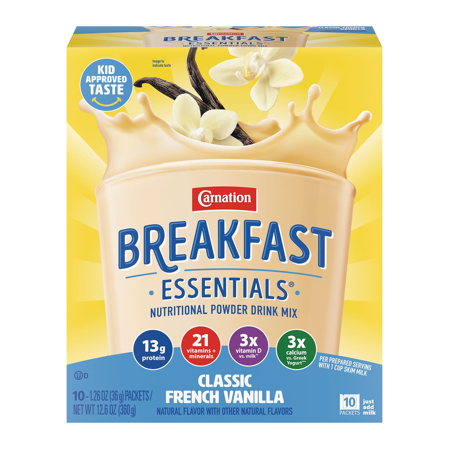 Carnation Breakfast Essentials front packaging showing product and convenience