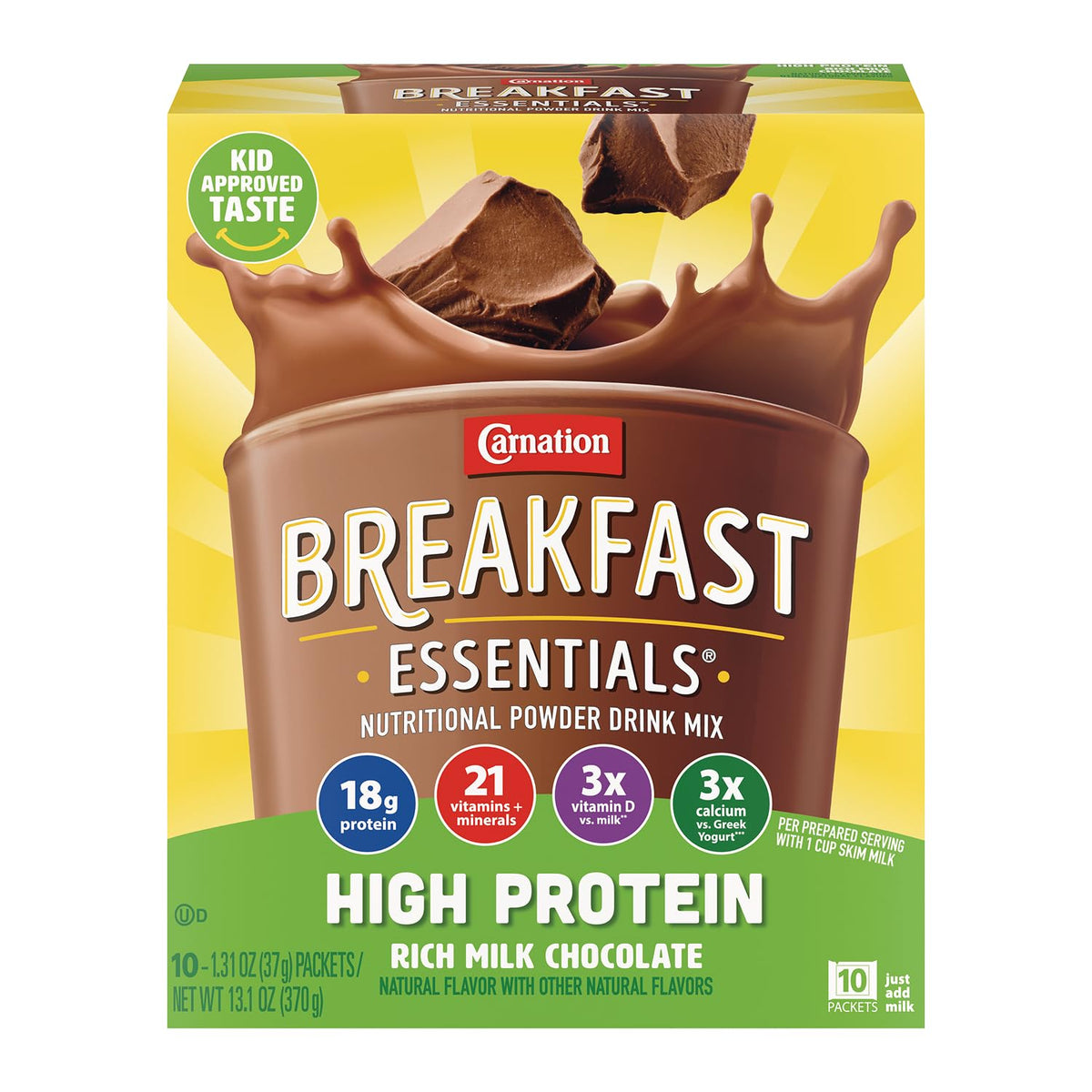 Carnation Breakfast Essentials front packaging showing nutrition highlights and convenience
