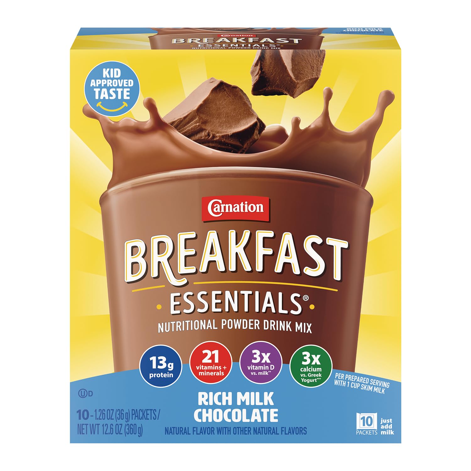 Carnation Breakfast Essentials front packaging showing easy breakfast option and clear benefits