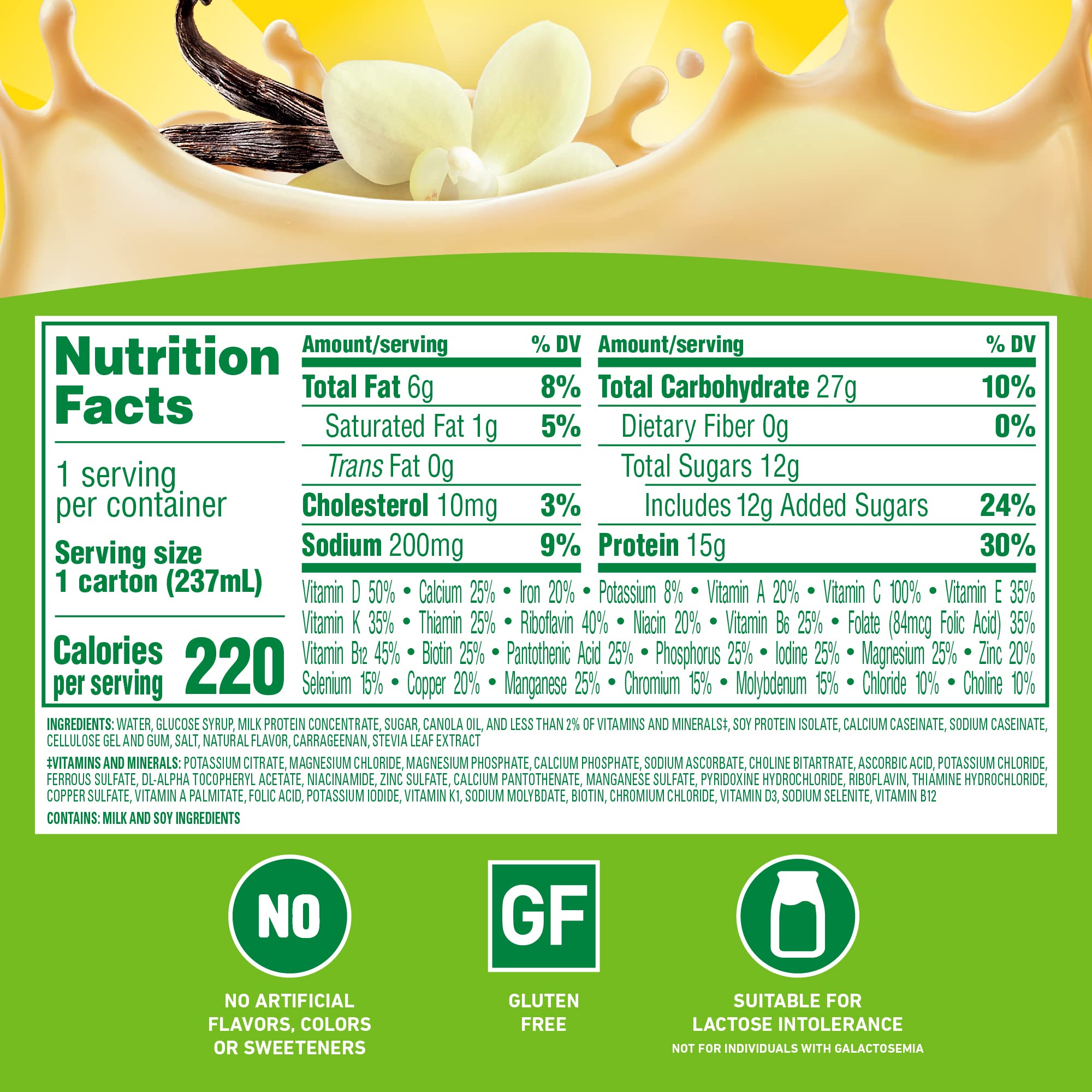 Carnation Breakfast Essentials label close-up highlighting protein and vitamins