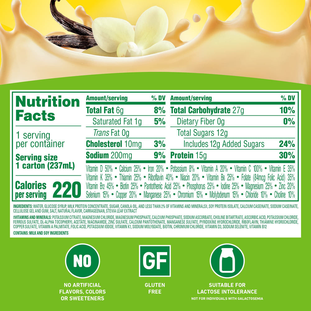 Carnation Breakfast Essentials label close-up highlighting protein and vitamins