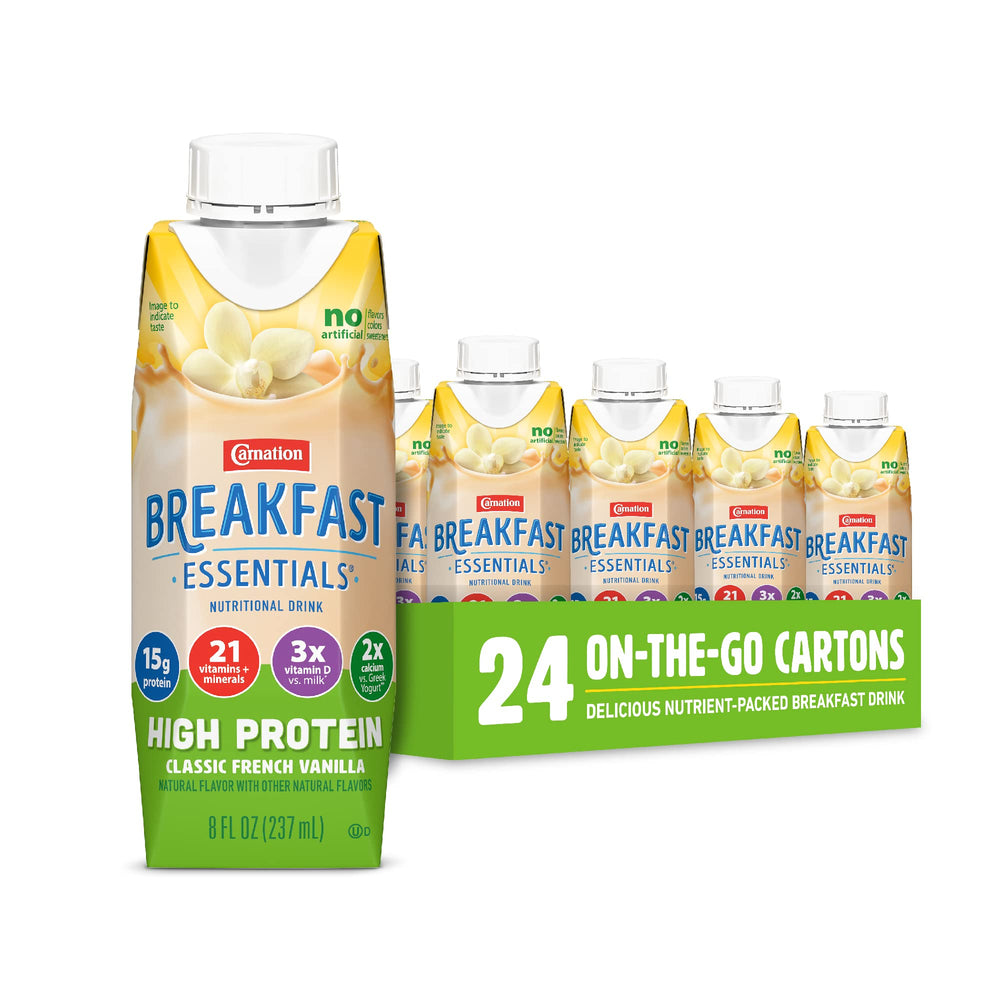 Carnation Breakfast Essentials front packaging showing vanilla bottle and benefits