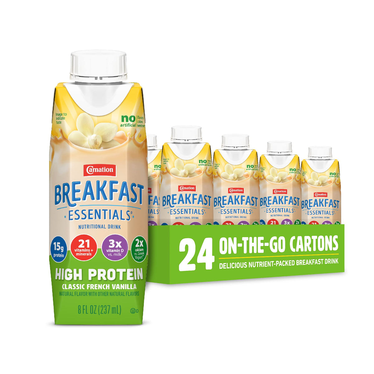 Carnation Breakfast Essentials front packaging showing vanilla bottle and benefits