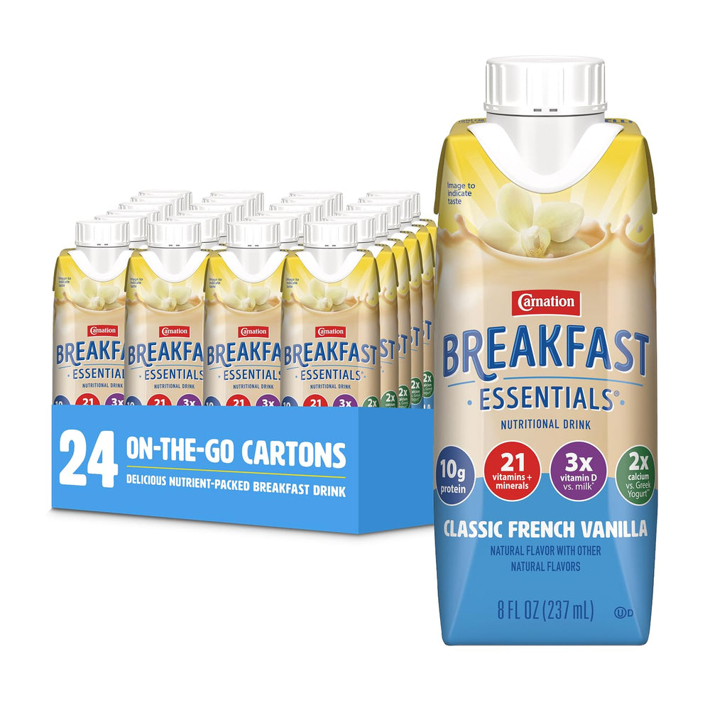 Carnation Breakfast Essentials front packaging showing vanilla bottle and convenience benefit