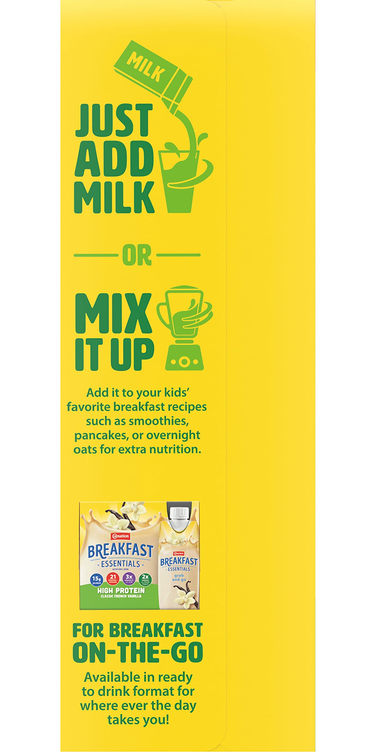 Nutrition facts label on Carnation Breakfast Essentials container detailing protein per serving