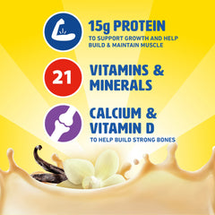 Carnation Breakfast Essentials pouring vanilla drink into glass for quick nutrition