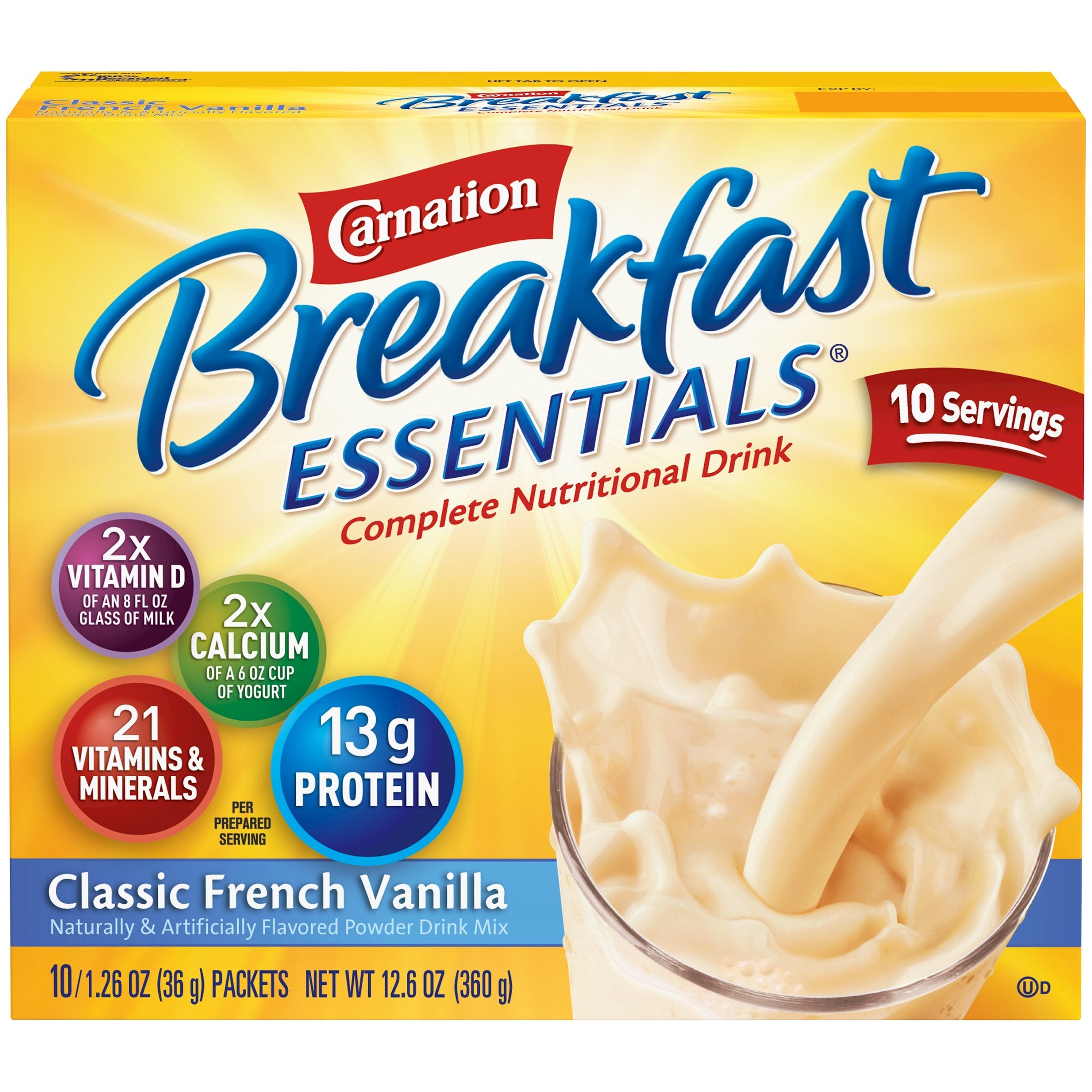 Carnation Breakfast Essentials front packaging showing French Vanilla and convenience