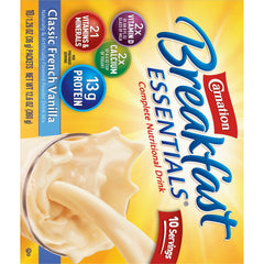 Carnation Breakfast Essentials packet beside a measuring cup showing single-serve scale