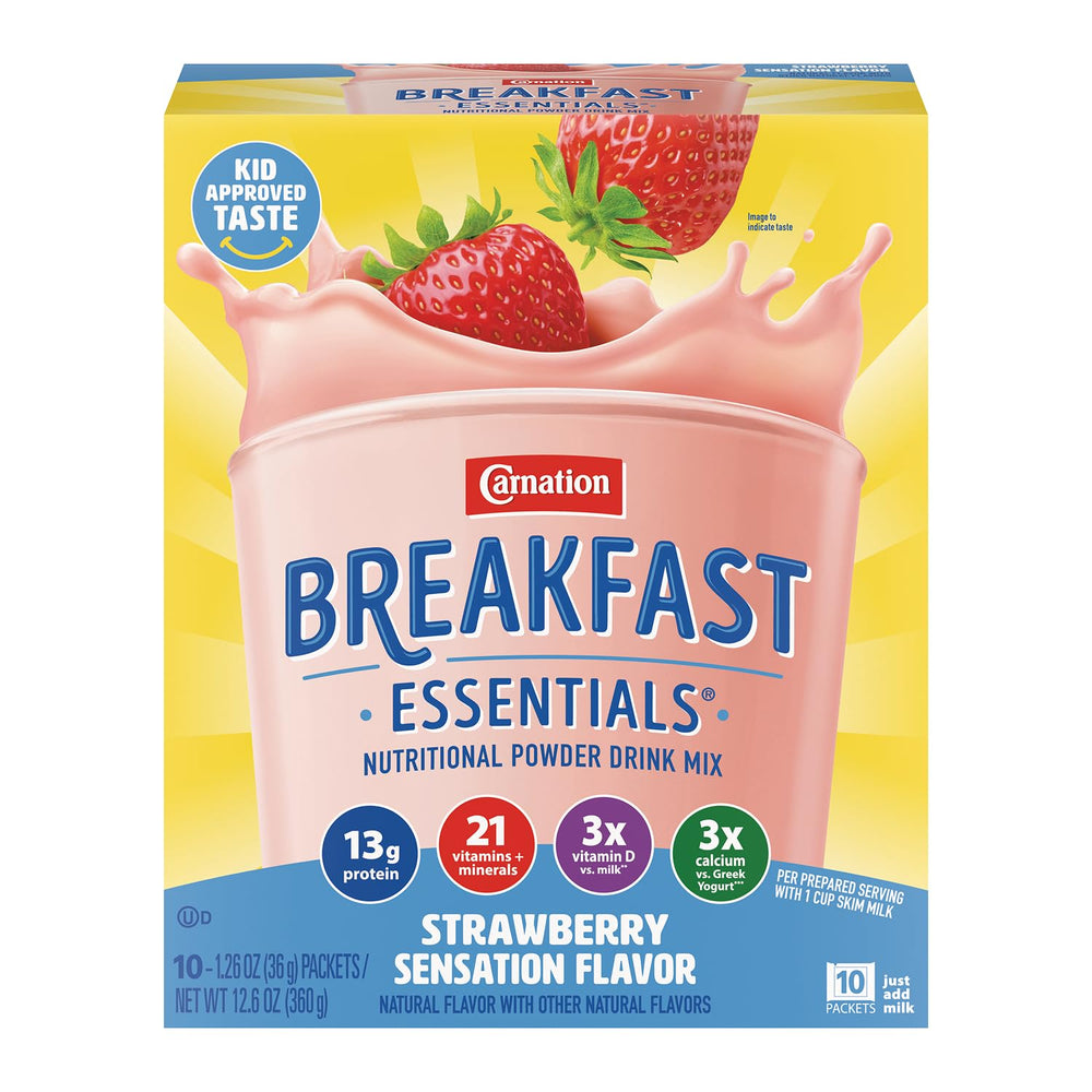 Carnation Breakfast Essentials strawberry front packaging showing product benefits