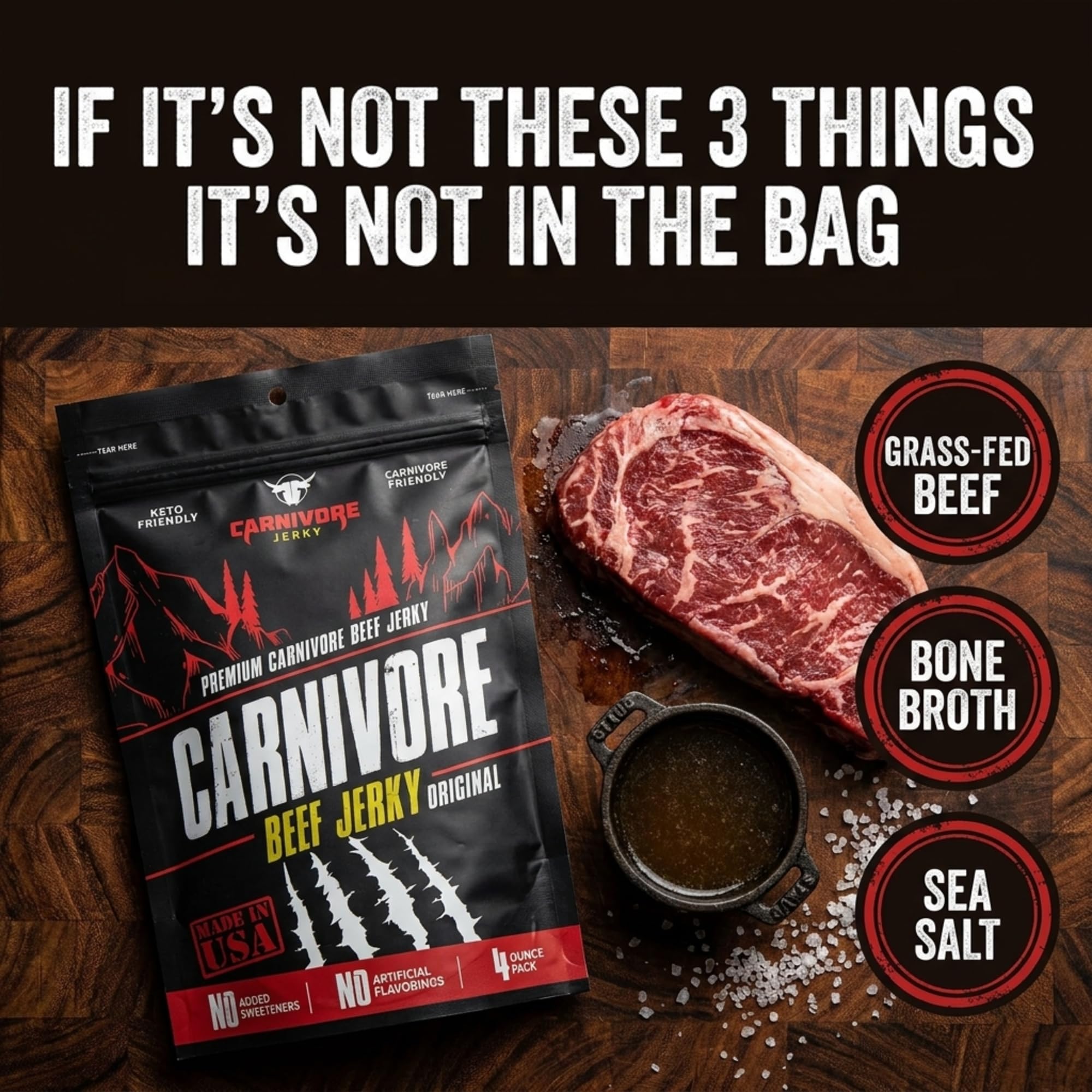 Carnivore Electrolytes open 4 oz pouch with visible jerky strips for grab-and-go