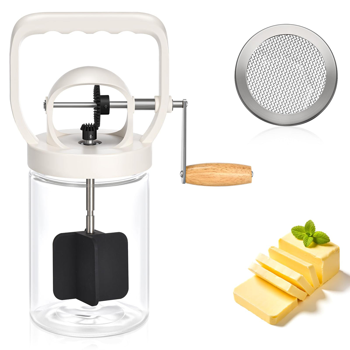 CAROD glass churn front view showing jar and lid, helps visualize size and function