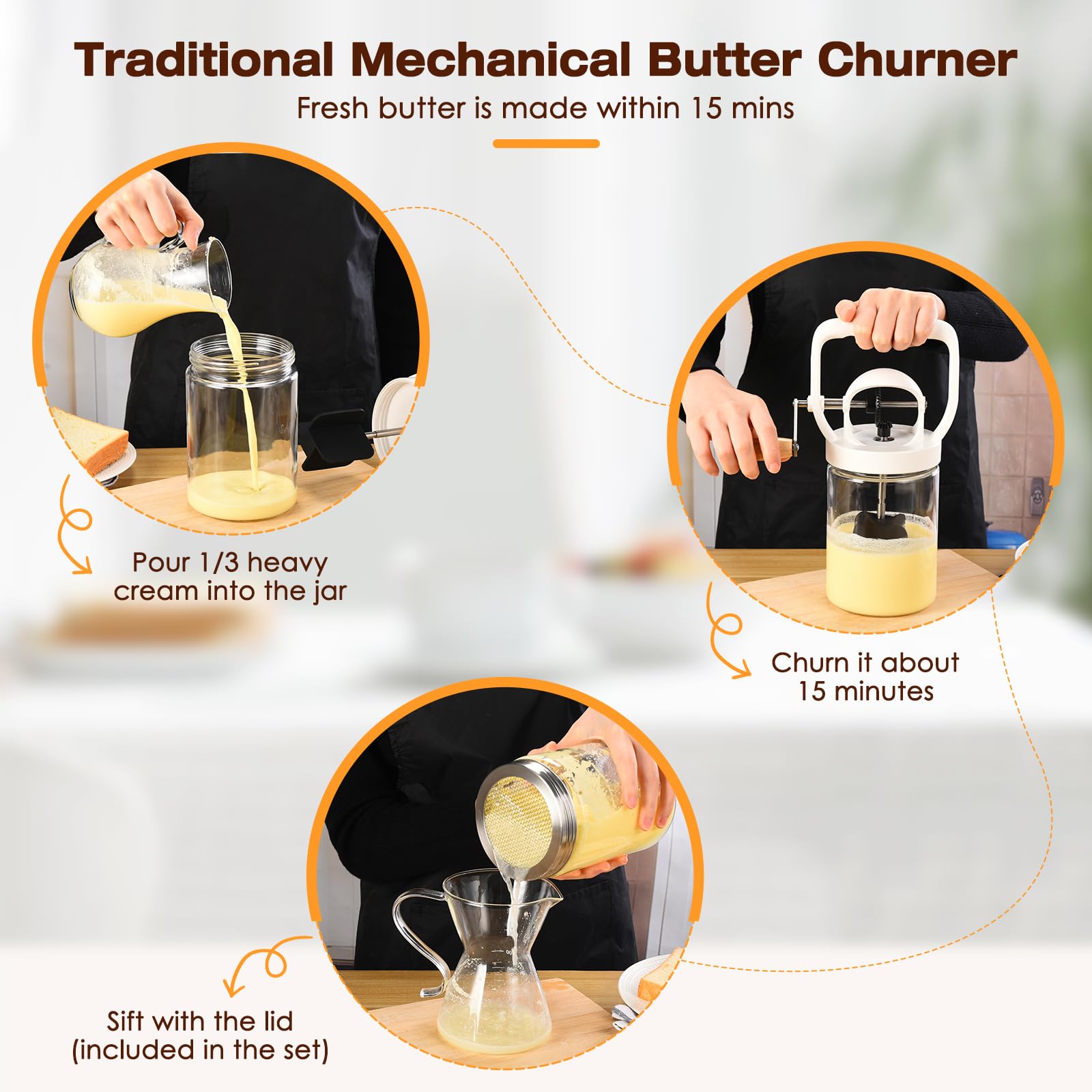 Person using CAROD hand crank to make butter, illustrating safe ergonomic action
