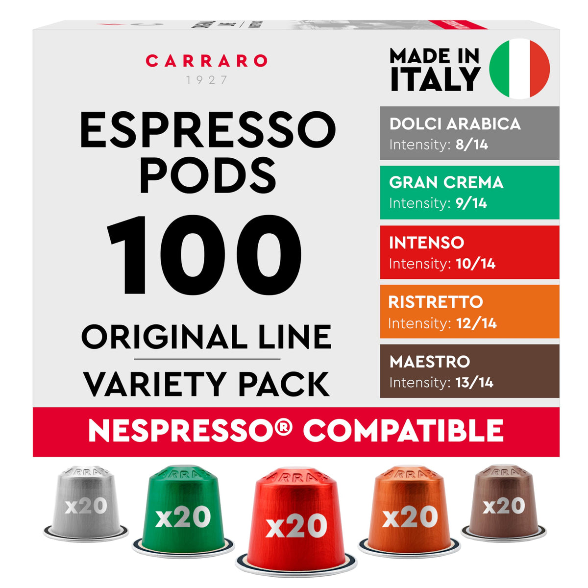 Carraro front packaging showing 100 pods and variety listing for easy selection