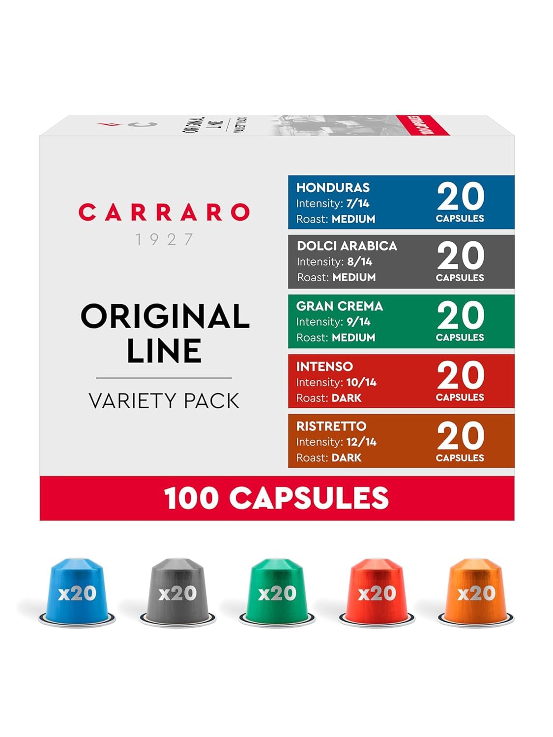 Carraro front packaging showing 100 pod variety, convenient selection benefit