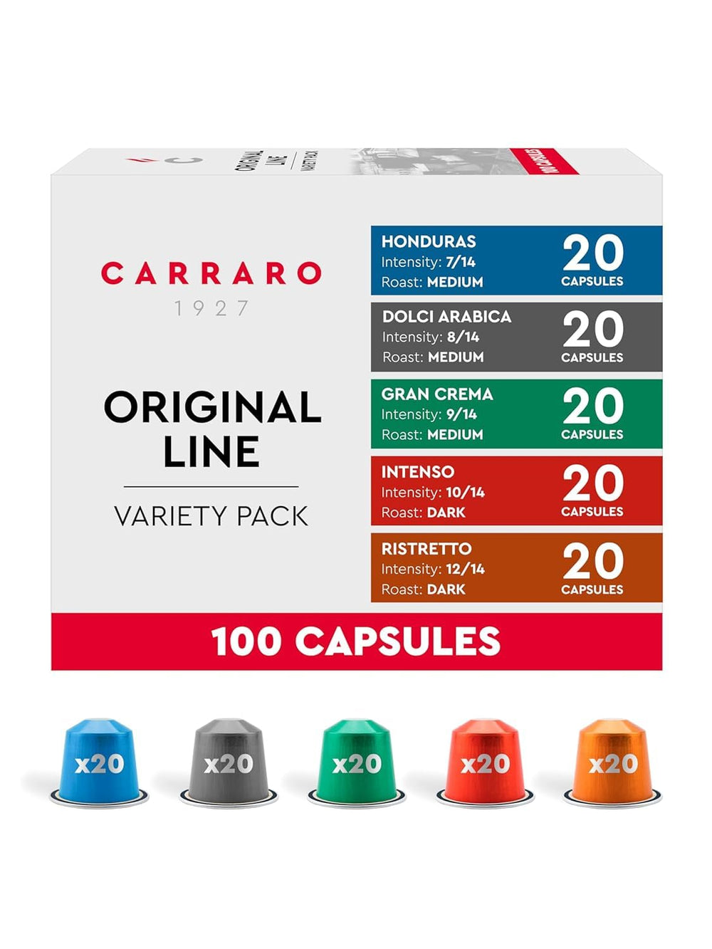 Carraro front packaging showing 100 pod variety, convenient selection benefit