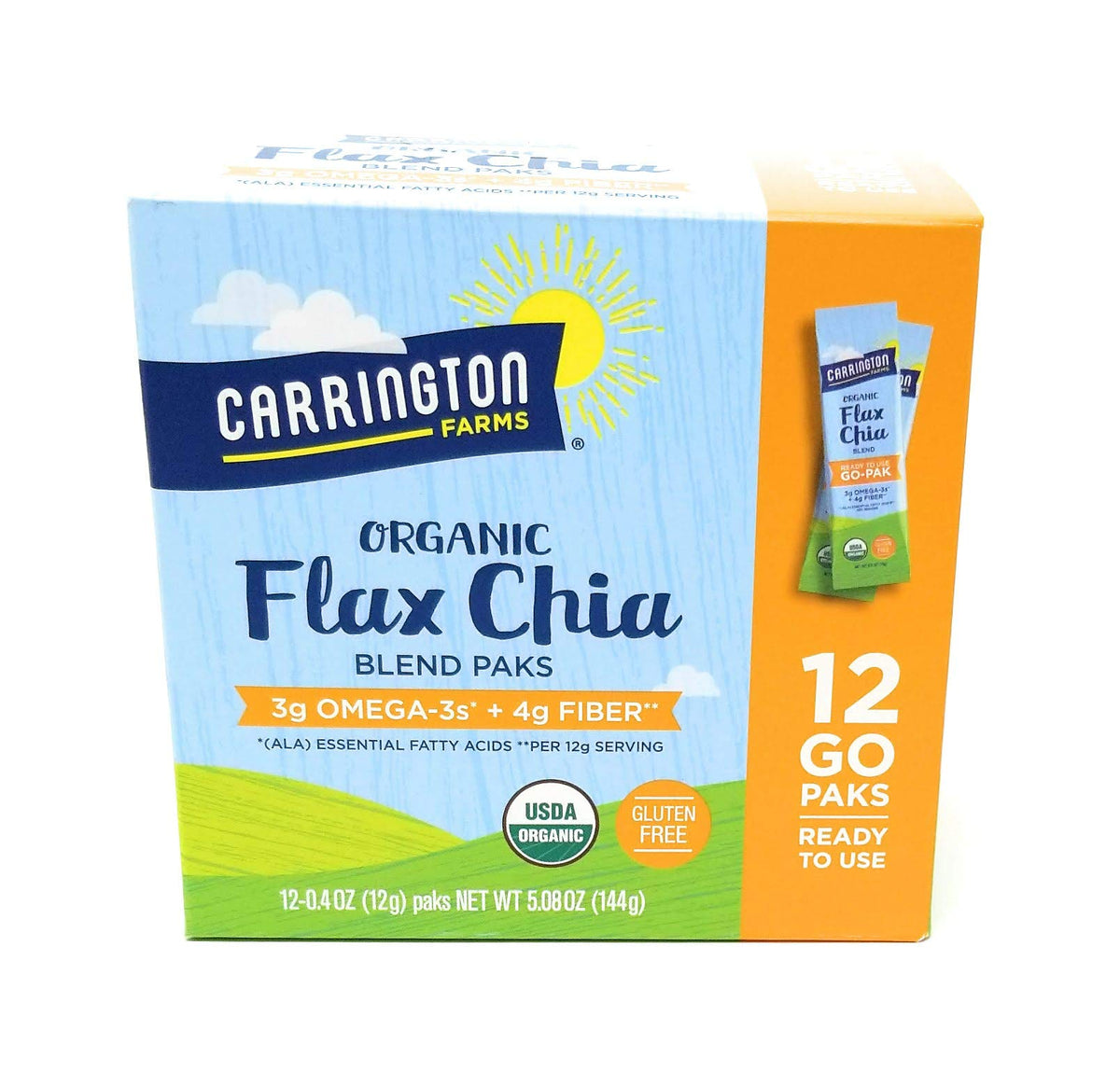 Carrington Farms front box showing 12 ready-to-eat organic flax chia paks and benefits