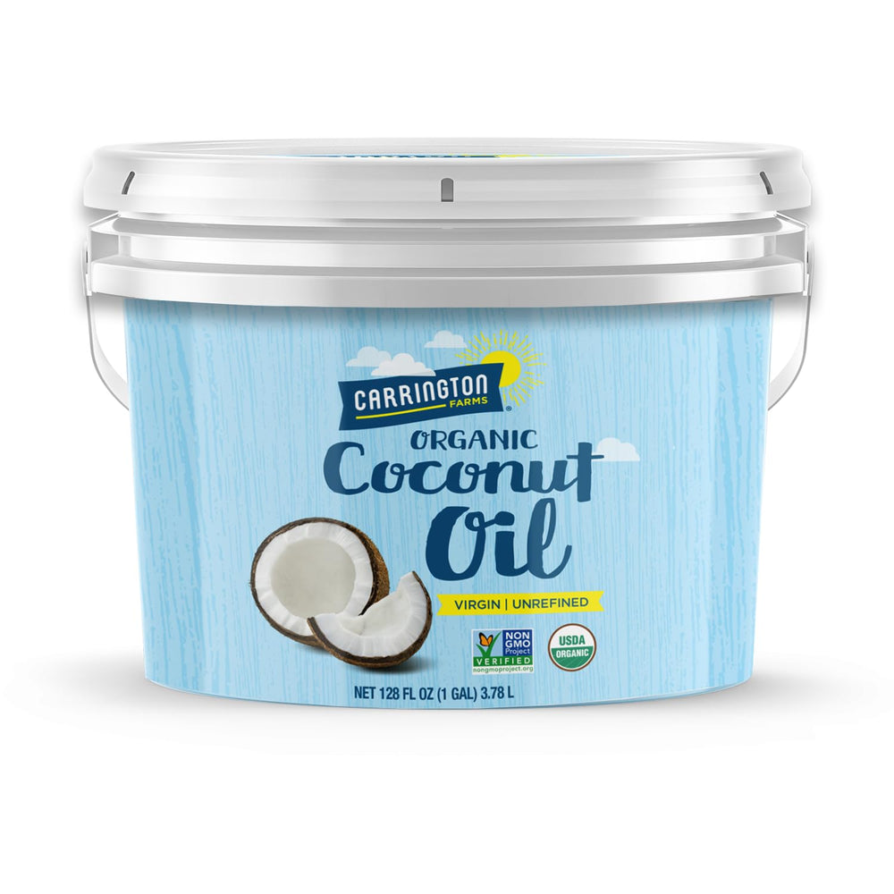 Carrington Farms gallon front label showing organic certification and jar benefits