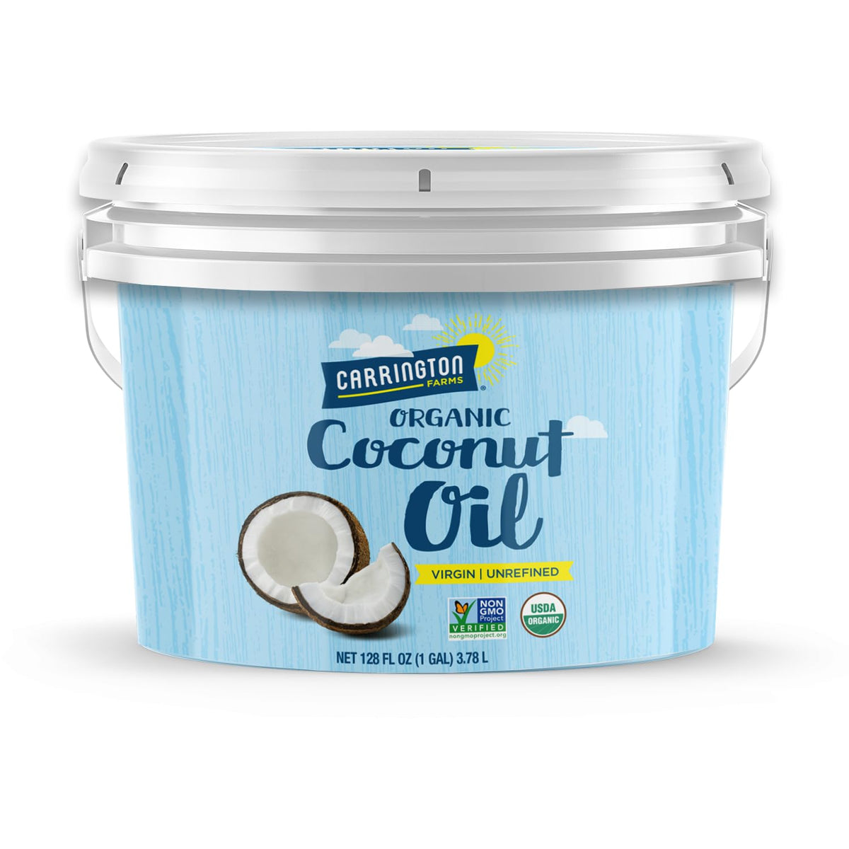 Carrington Farms gallon front label showing organic certification and jar benefits