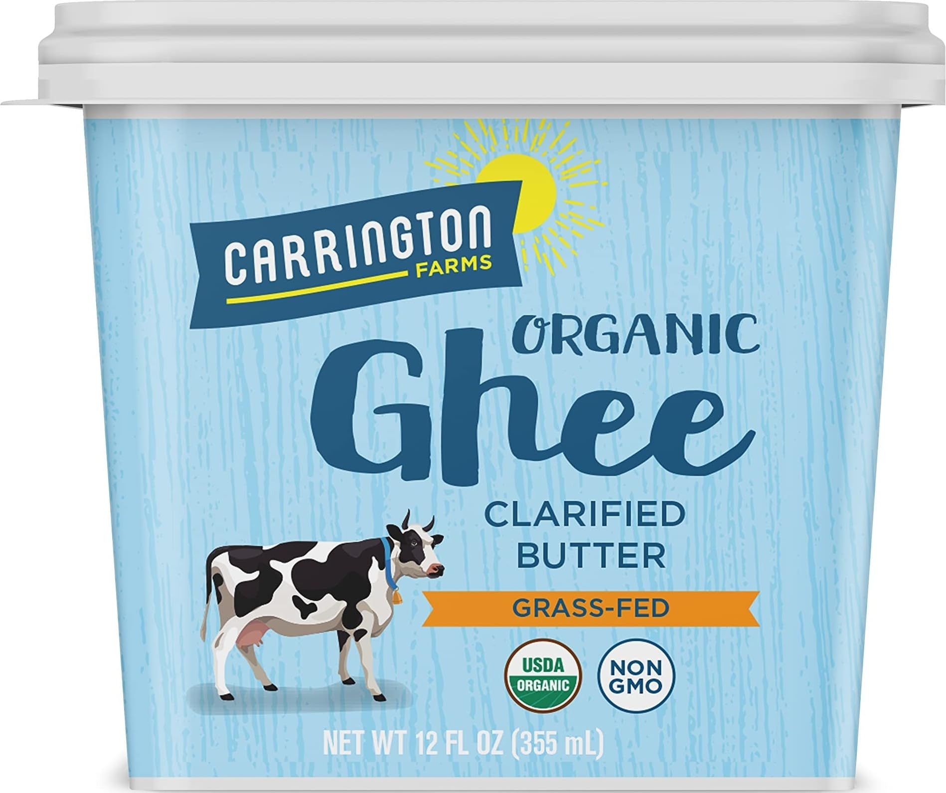 Carrington Farms ghee front jar showing organic label and cooking use benefit
