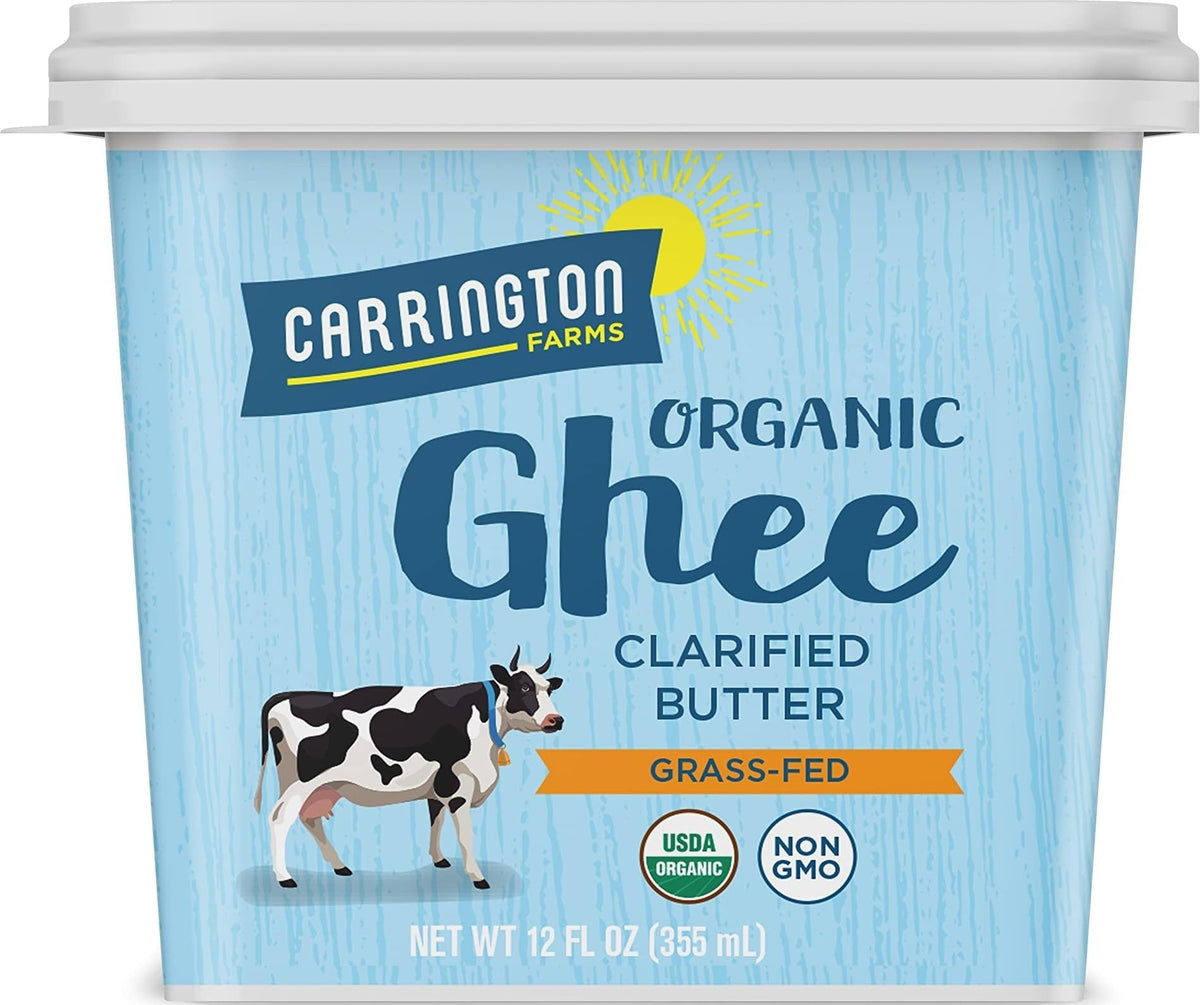 Carrington Farms ghee front jar showing organic label and cooking use benefit