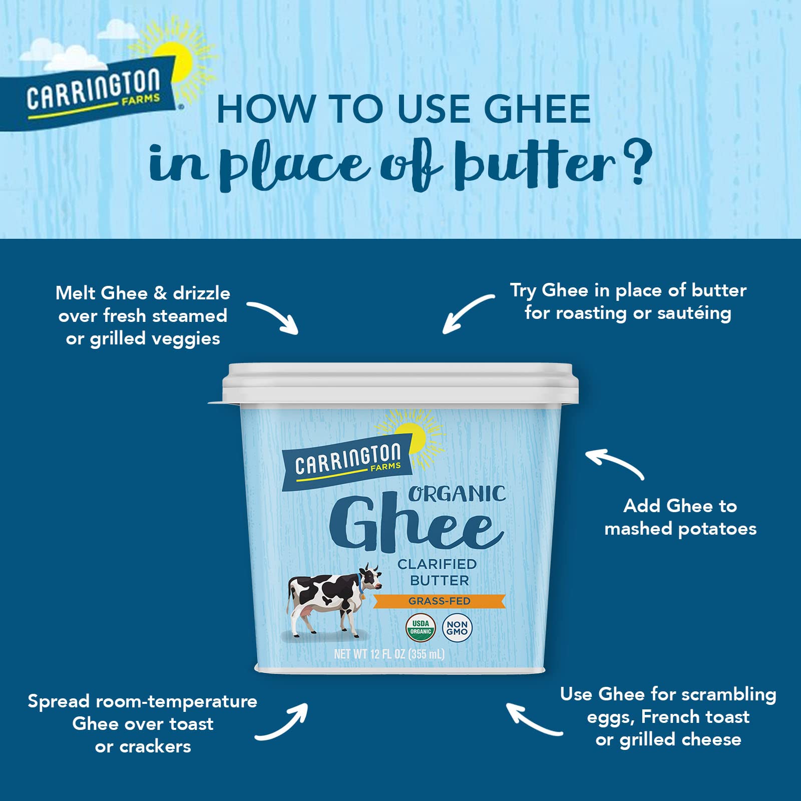 Carrington Farms spoon of ghee close-up highlighting smooth texture benefit
