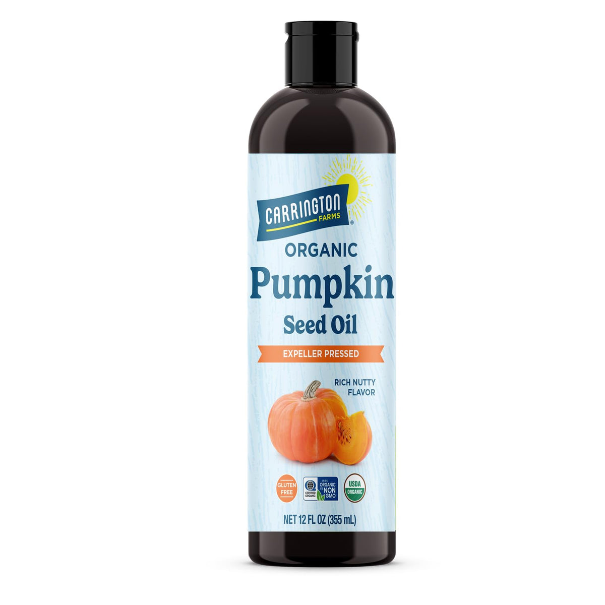 Carrington Farms bottle front view showing label and organic finishing oil benefit