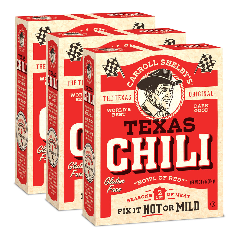 Carroll Shelby's Original Texas Brand box front showing packaging and product name, clear branding and convenience
