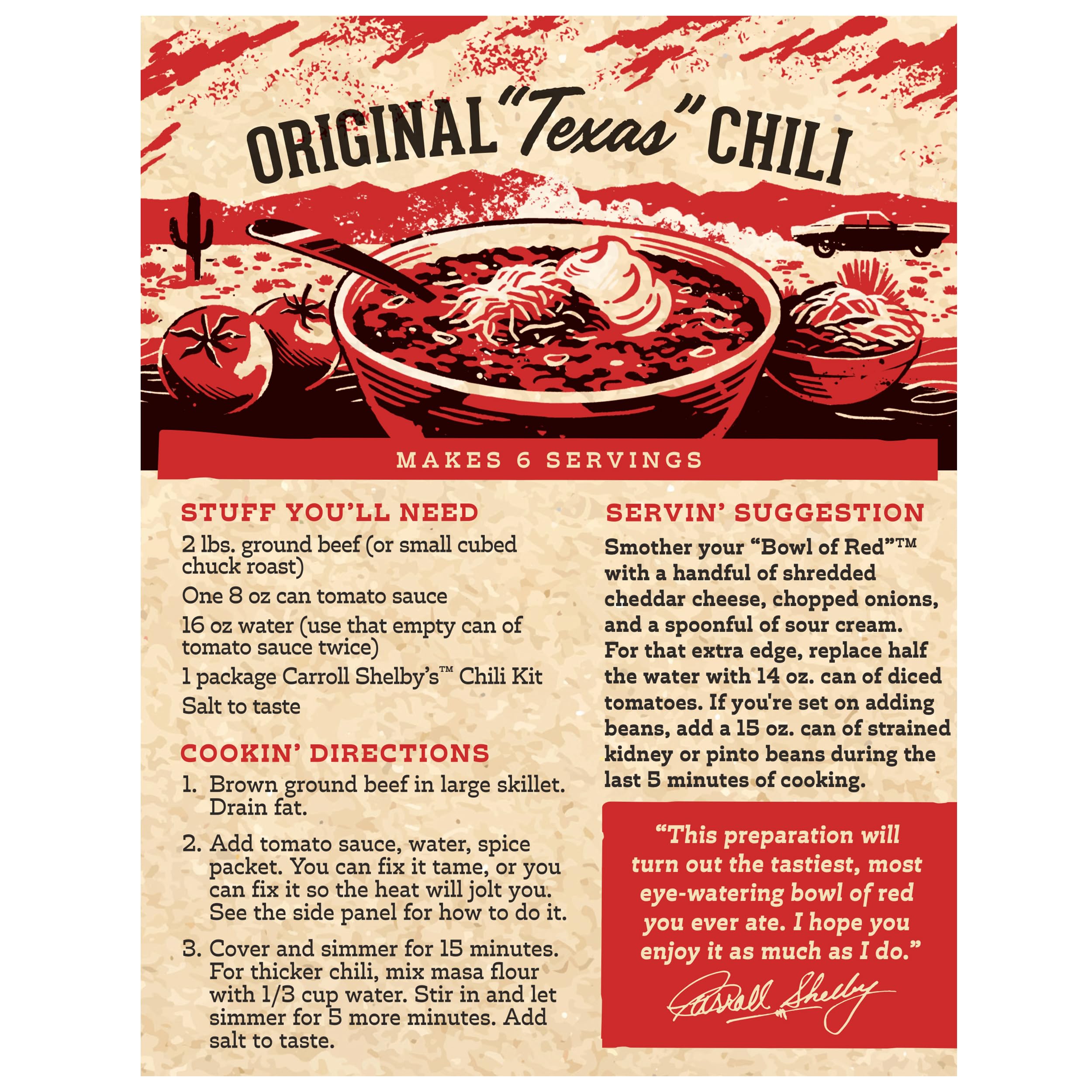 Carroll Shelby's individual seasoning, cayenne, and masa packets displayed for easy customization and portion control