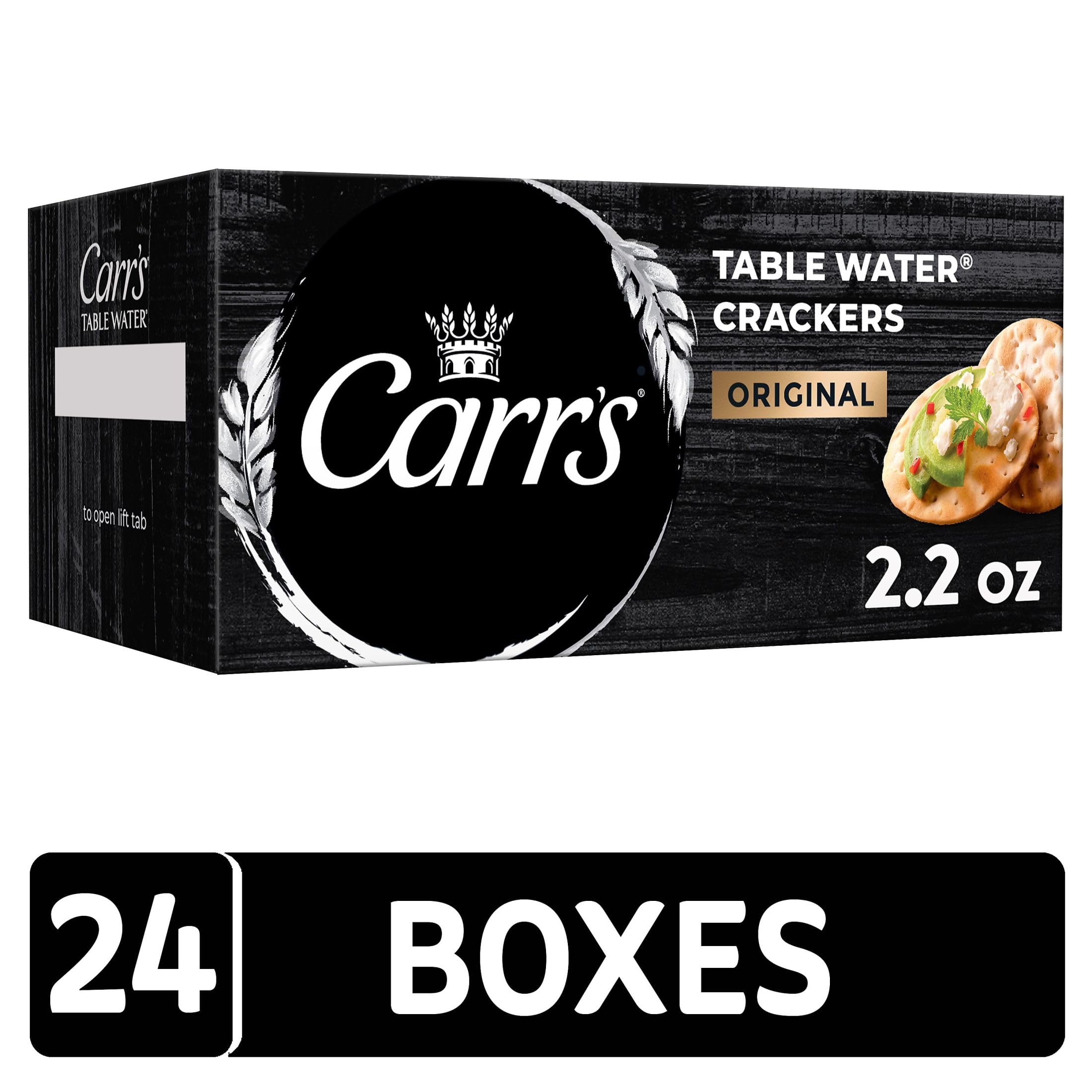 Carr's open box top view displaying stacked crackers for easy serving