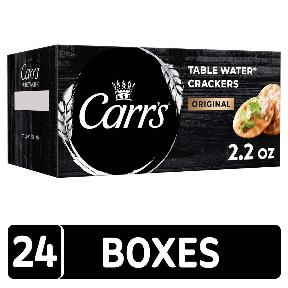Carr's open box top view displaying stacked crackers for easy serving