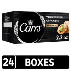 Carr's open box top view displaying stacked crackers for easy serving