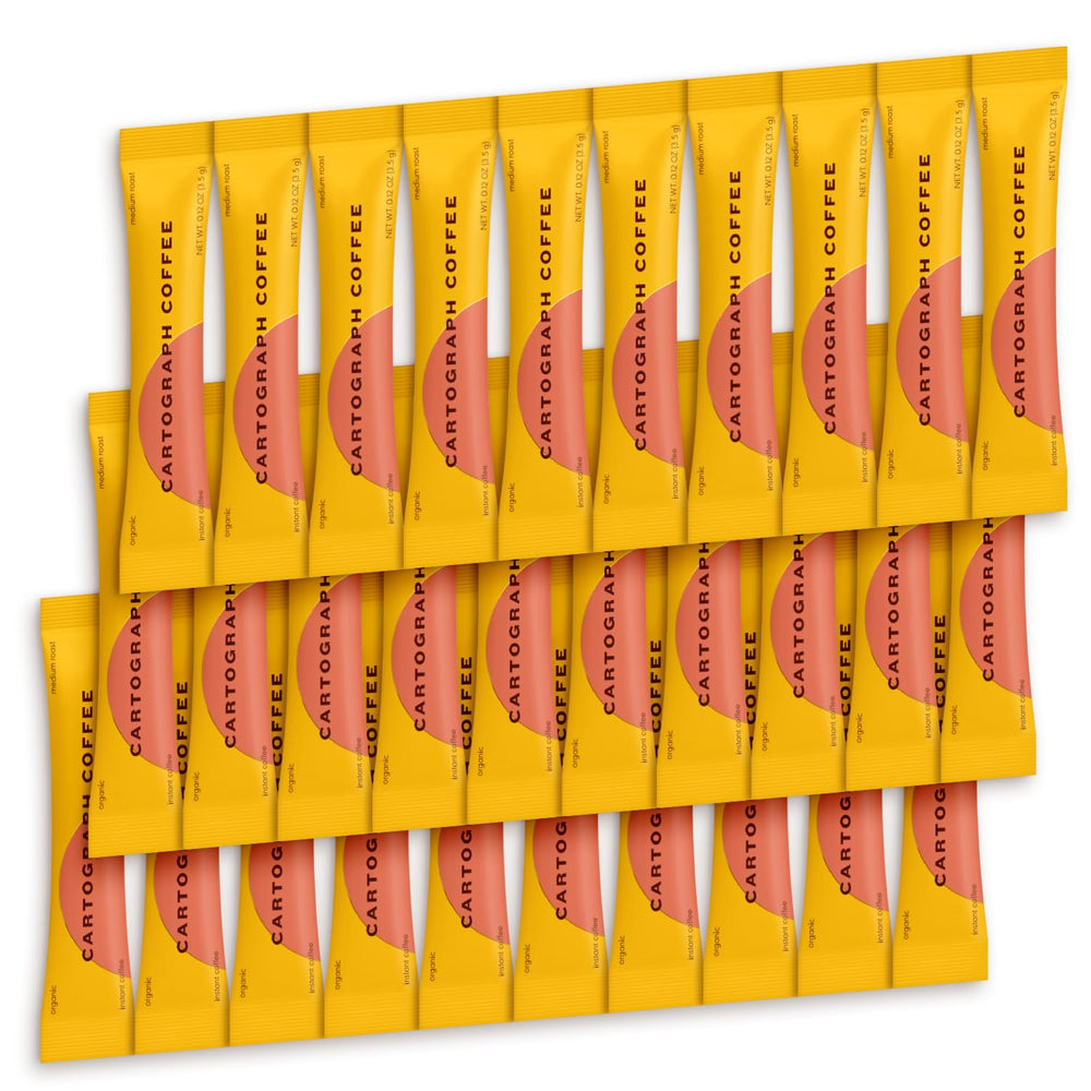 CARTOGRAPH COFFEE front packaging showing 30 stick packets and brand clarity benefiting convenience