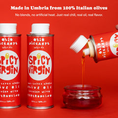 Casa Virgin pouring on pizza for flavor boost and warm Calabrian heat