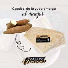 Casabe Gourmet individual disc on plate showing sturdy base for toppings benefit versatility