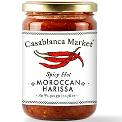 Casablanca Market jar front view showing bold red harissa and brand