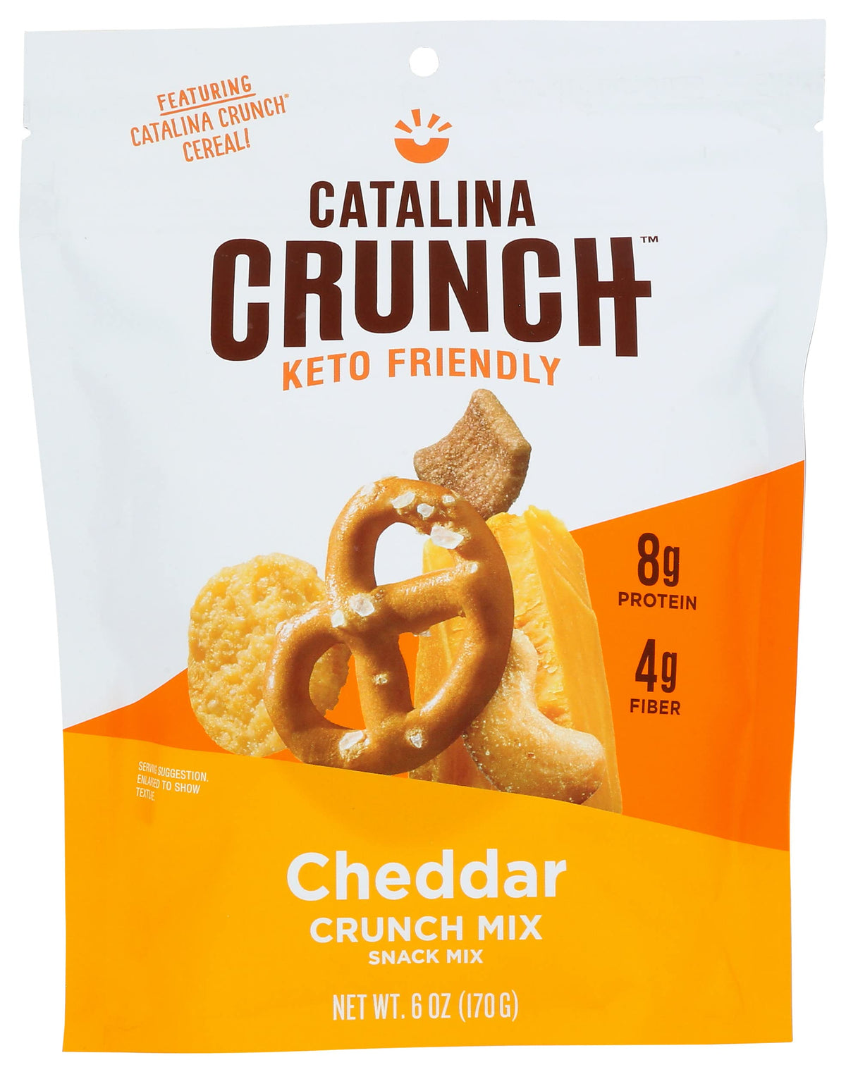 Catalina Crunch front pack showing cheddar mix and resealable bag for freshness