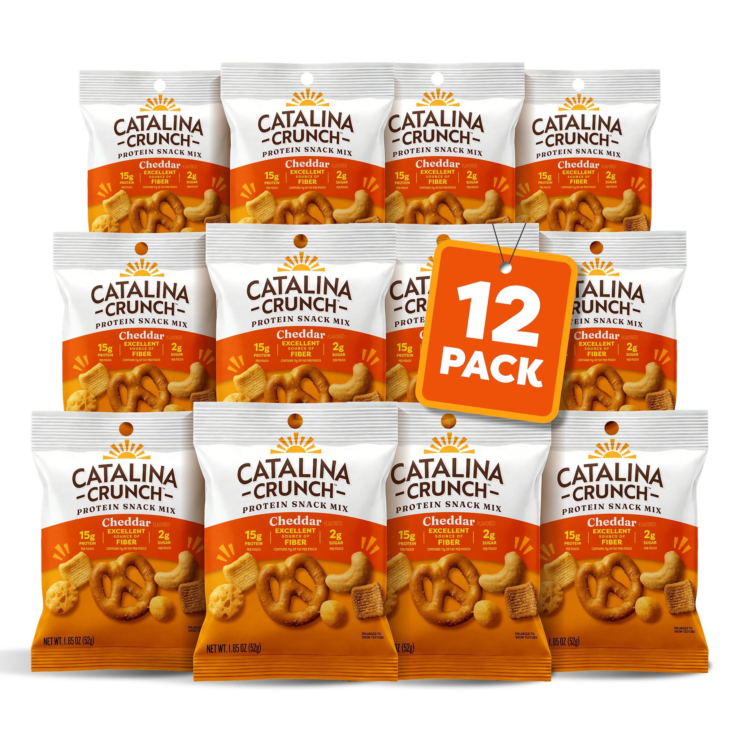 Catalina Crunch front packaging showing cheddar mix and protein content benefit