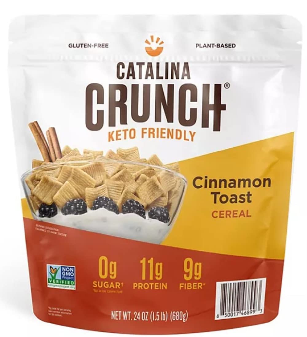 Catalina Crunch front packaging showing cereal bowl and benefit of zero added sugar