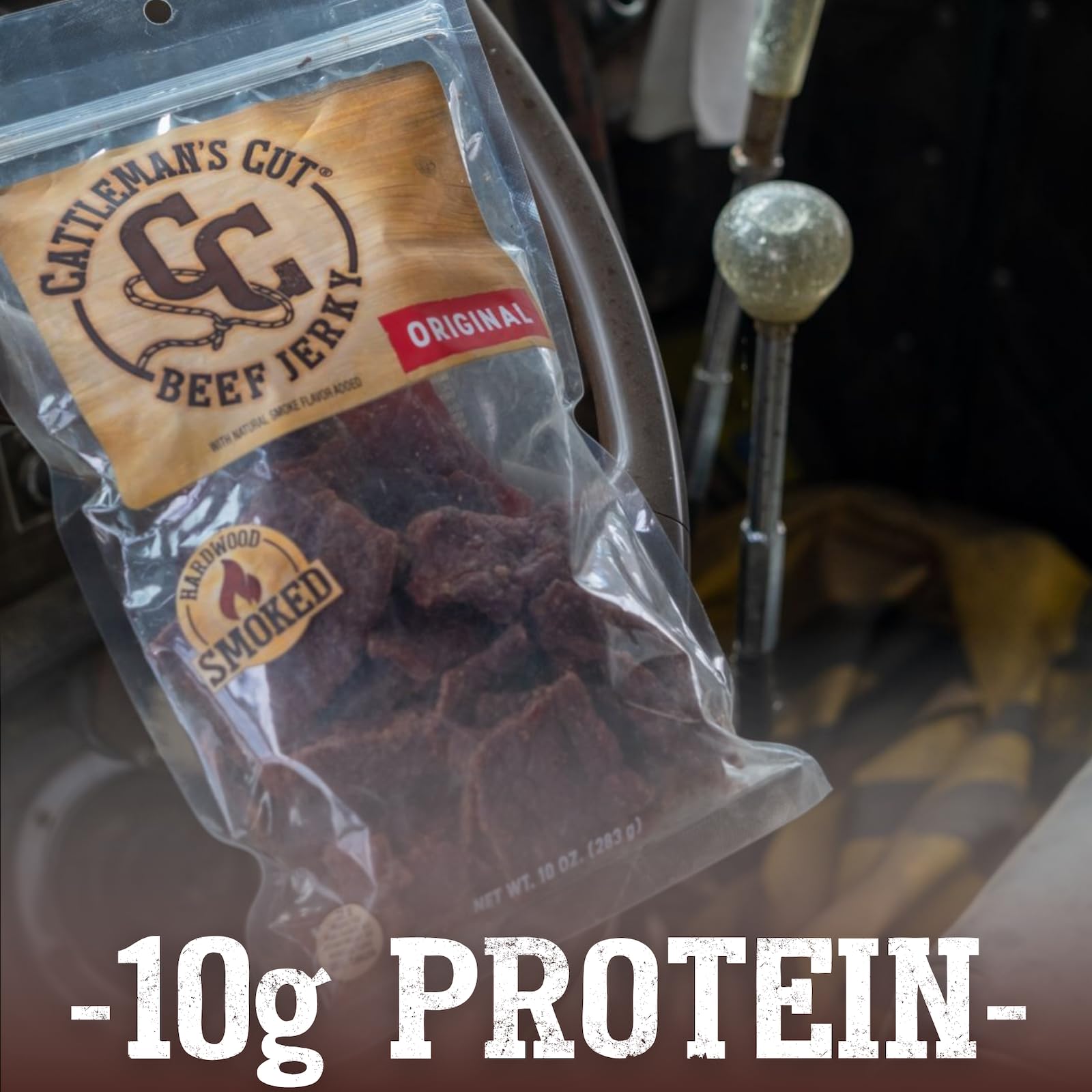 Cattleman's Cut open bag with pieces on wood board showing grab-and-go portioning