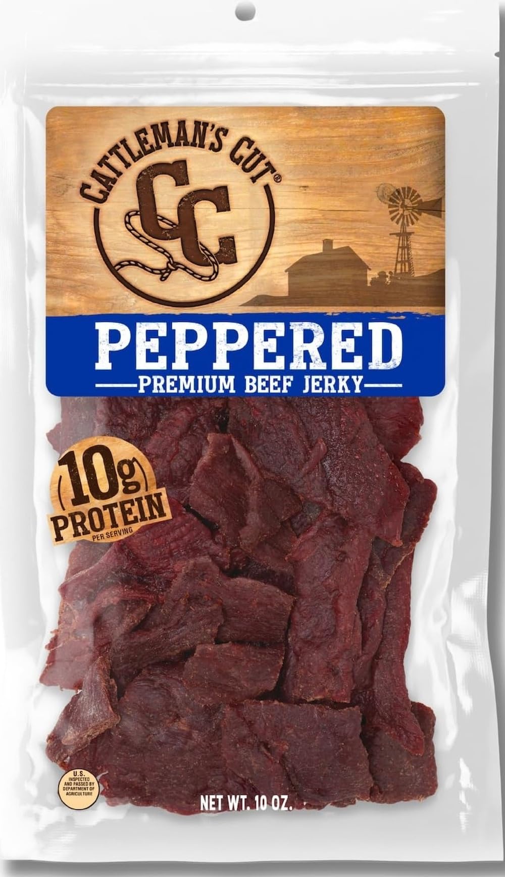 CATTLEMAN'S CUT front packaging showing resealable 10 oz bag and clear window, highlights freshness