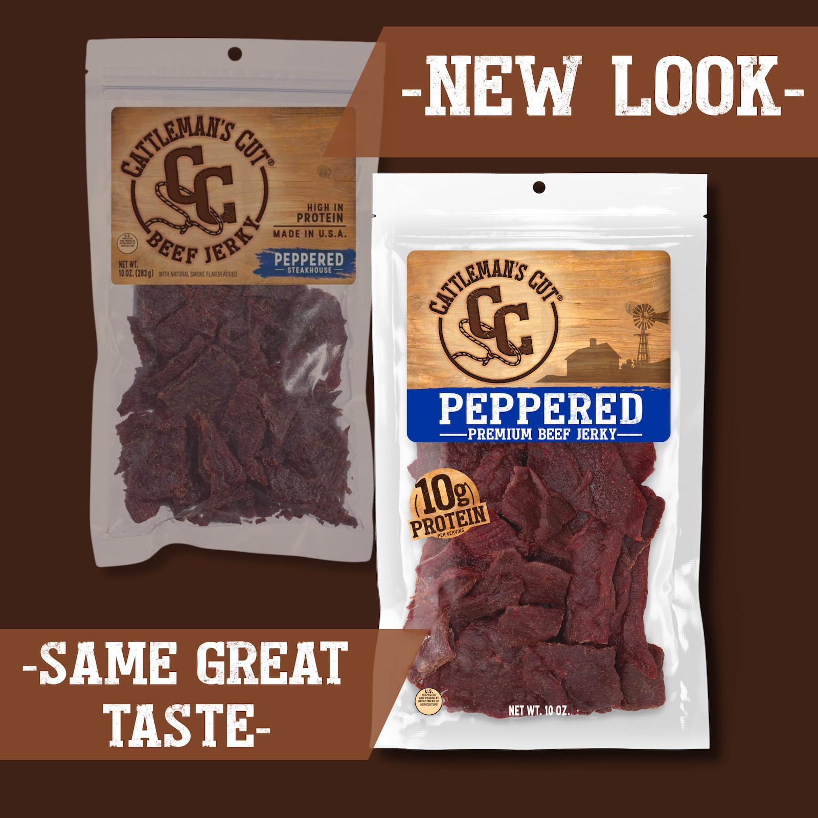 CATTLEMAN'S CUT close-up of jerky texture and marbling, shows tender slow-cooked steak quality